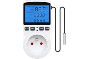 Jooheli Thermostat Prise 220V pour Terrarium, avec Sonde, Régulateur de Température Numérique pour Chauffage et Refroidissement (Lumière Bleue)