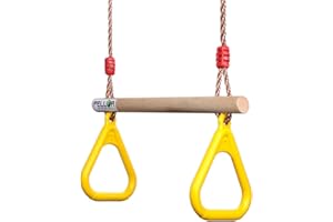 PELLOR Trapèze Balançoire en Bois avec Gymnastique Anneaux Enfants Portique Toboggan Jeux Jardin Extérieur Intérieur