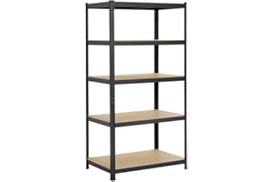 Yaheetech Scaffale/Scaffalatura Metallo Industriale a 5 Riapini 180 x 90 x 60 cm in Acciaio e Legno MDF per Garage Magazzino Cucina Negozio Nero Opaco