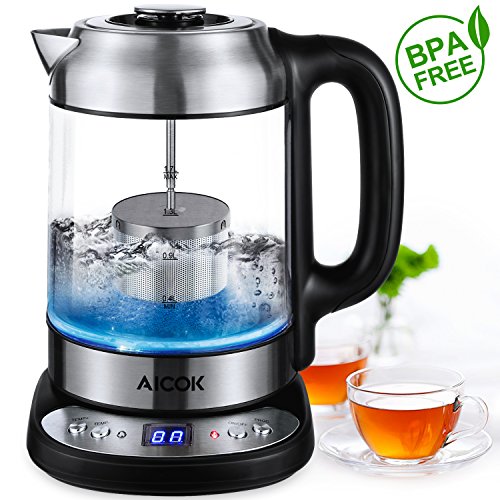Aicok Glass Kettle Electric with Temperature Control, Blue LED Illuminated Teapot Stainless Steel Digital Base, Fast Boil Jug Kettle with...