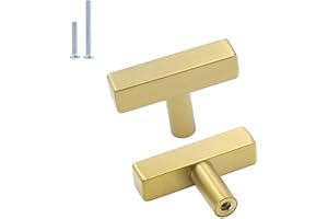 goldenwarm 5Pack Gold Cabinet Pulls Kitchen Hardware Drawer Knobs LS1212GD Brushed Brass Square T Bar Cabinet Knobs Single Hole Cupboard Door Handles Bathroom Furniture Pulls