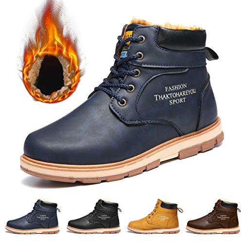 gracosy Mens Snow Boots Winter Warm Fur Lined Martin Boots Fashion Antiskid Lace Up Chukka Flat Boots Shoes Comfy Casual Sneaker Trekking Walking Combat Boots Suede Leather Shoes Size Black Blue Brown