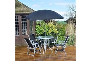 garden mile 6 Piece jardín y Patio Juego Exterior Comedor Juego – 4 Asientos Exterior Muebles de jardín con Cristal Parte Superior Mesa 4 Plegable sillas y Paraguas Parasol para terraza o balcón