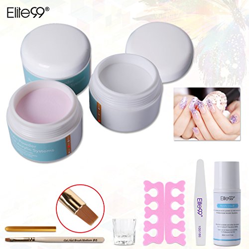 Elite99 Nail Art Tools Kits Set 3 Colours( Clear & White & Pink ) Crystal Powder + 80ML Acrylic Liquid + Nail Art Brush Pen + Finger Seperator + Sanding File + Dappen Dish