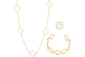 XSDSLS Ensemble de Bijoux Trèfle à Quatre Feuilles pour Femme Fille Or bracelet porte bonheur Trèfle à quatre feuilles collier à Pendentifs Réglable bague bracelet ouvert Cadeaux D'anniversaire