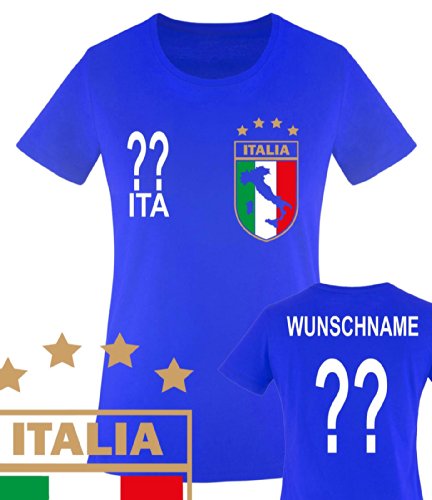Comedy Shirts – WM 2014 – ITALIEN – VORNE und HINTEN – WUNSCH – Damen T-Shirt – Royalblau Gr. M