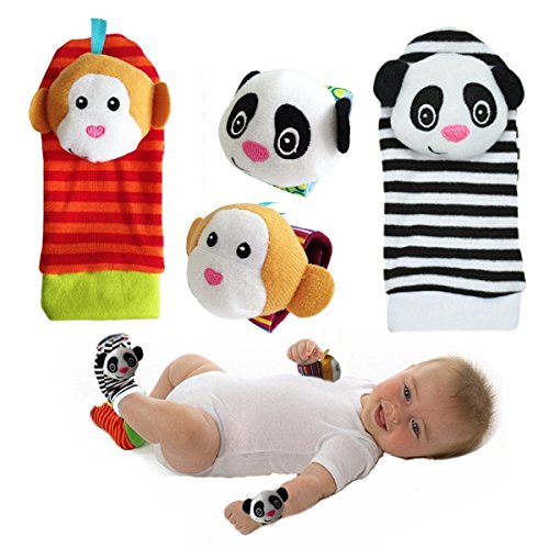 Soft Baby Wrist Rattles-Foot Finder and Wrist Rattle Set-Foot Sock Hand Rattles Baby with Cute Animal Toys Stripe-Baby Infant Toddler Animal Wrist Foot Rattle Developmental Toy (2Pcs Waist+2Pcs Socks,Monkey Panada)