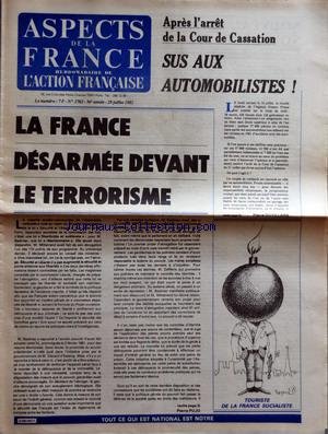 ASPECTS DE LA FRANCE [No 1762] du 29/07/1982 - LA FRANCE DESARMEE DEVANT LE TERRORISME PAR PIERRE PUJO - APRES L'ARRET DE LA COUR DE CASSATION - SUS AUX AUTOMOBILISTES PAR PIERRE DUVILLARS