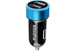 AEL PUFFER Car Charger,Compact Rapid Dual Port USB Cigarette Lighter Adapter with Blue LED,for iPhone XR/XS/X/8/7/Plus,iPad Pro/Air 2/Mini, Galaxy S9,LG,HTC,iOS and android Smart Phones or Tablets - Blue