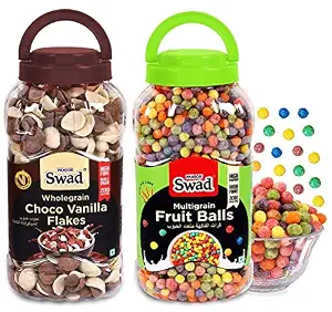 Swad Choco Vanilla Flakes & Fruit Balls (Wholegrain Chocolate Frooty Loops Breakfast Cereal Kids) 2 Jars, 720 g