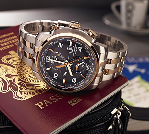 Citizen Watch World Time A.T Men's Quartz Watch with Grey Dial Analogue Display and Multicolour Stainless Steel Plated Bracelet AT9016-56H