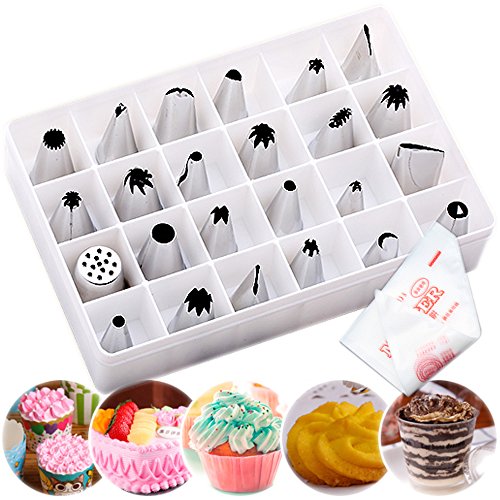 SANVA 24er Edstahl Spritztüllen Set+100er Spritzbeutel Garniertülle Torte Lochtülle für Pralinen, Plätzchen, Keksen, Kuchen und Torten Deko decorating tools aus Edelstahl (24er Spritztüllen + 100er Spritzbeutel)