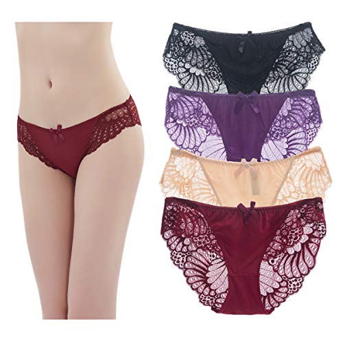 FIGHTART Braguitas para de mujer Sexy de seda de encaje Ropa interior de mujer Hipsters Bragas, paquete de 4