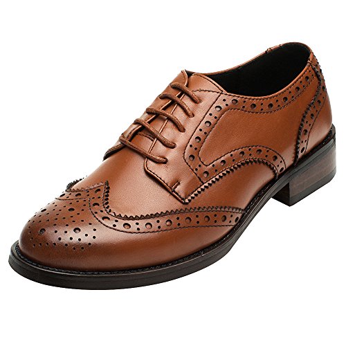 rismartWomen's Brogue Pointed Toe Wingtips Leather Oxfords Lace-Up Flats