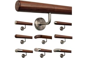 TIBU Ami - Barandilla de nogal para escaleras con mango de madera en ángulo, soporte de acero inoxidable, longitud 30-500 cm, variante: 50 cm con 2 soportes de radio fresado