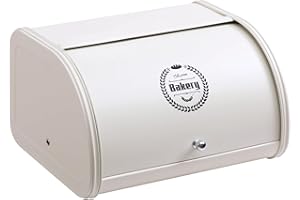 HollyHOME Panera con Cuerpo de Acero Inoxidable Paneras de Metal para Cocina Contenedores de Almacenamiento de pan con Tapa Enrollable de Fácil Almacenamiento, Blanco
