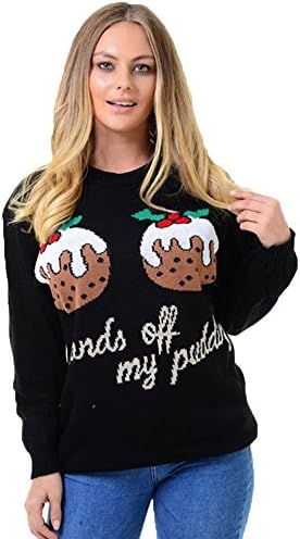 NEW WOMENS CHRISTMAS JUMPER 2 PUDDING KNITTED XMAS NOVELTY SWEATER S/M M/L L/XL (UK S/M (8/10), Black)