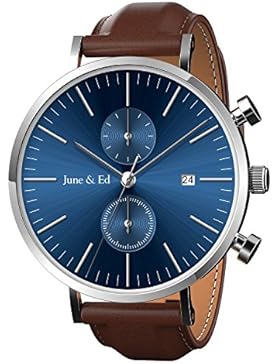 June & Ed Quarz Armbanduhr Edelstahl Herrenuhr Armband mit Saphir Kristall wählen Fenster -Blau W-0021