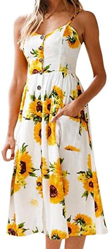 Hevoiok Long Dress Women Bohemia Style Sunflower Print Halter V-Neck Sleeveless Dress (XL, Yellow)