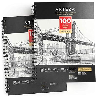 ARTEZA® ARTEZA 2 carnets à croquis A4 (21 x 29,7 cm) à reliure spirale | 2 x 100 feuilles |Papier sans acide | Feuilles à grain fin | Idéal pour variété de médias secs, essais de techniques et études rapides