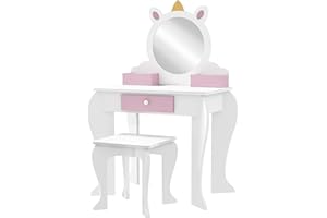ZONEKIZ Kids Dressing Table Kids Vanity Table Girls Dressing Table with Mirror and Stool, Drawer, Storage Boxes, Unicorn Design, for Toddles Ages 3-6 Years - White and Pink