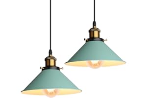 iDEGU Lot de 2 Lustres Rétro Suspension Luminaire Vintage 22CM Métal Plafonnier Abat-jour Industriel E27 Lampe de Plafond pour Salon Cuisine Chambre Restaurant (Vert)