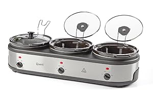 Quest Triple Slow Cooker, Buffet Server & Food Warmer, 7.5L Total Capacity - 3x 2.5 Litre Ceramic Pots, Easy to Clean, Includes Lids & Lid Stands, 3 Heat Settings