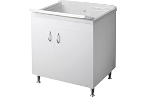 Negrari Eco Bianco Lavatoio 75x60 L75 P60 H85 CM Lavapanni Bagno Lavanderia Base Mobile Nobilitato Idrofugo Legno Vasca Intera Grande Plastica Asse Piedini Ante Battenti Economico Qualità Medio Alta