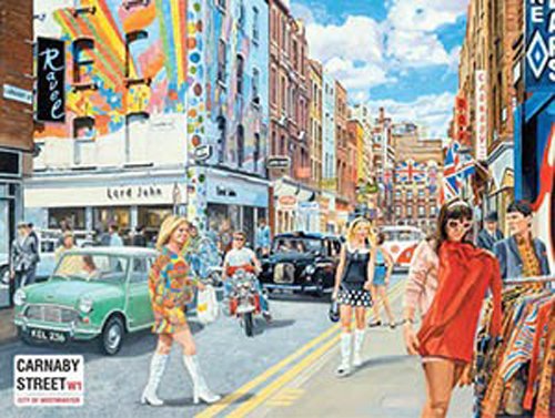 RKO Carnaby Stet, swinging sixties, London. Union Jacks, moped, mini, black cab and classic vow split screen bus. Mini skirts and flowers. For house, home, cafe or pub. Medium Metal/Steel Wall Sign