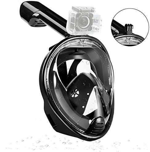 JINGOU Snorkeling Mask Full Face,180 Degree Full View Snorkel Mask with GoPro Camera Mount Free Breathing Design Anti-fog and Anti-leak Snorkel Set for Adults &amp; Kids(Black L/XL)