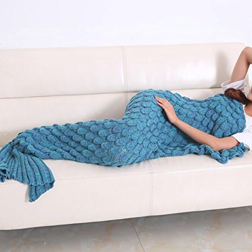 Knitted Mermaid Tail Blanket Handmade Crochet Soft Sleeping Bag All Seasons Quilt Snuggle Cozy for Adults Teens 74.8โx35.4โ (Lake Blue)