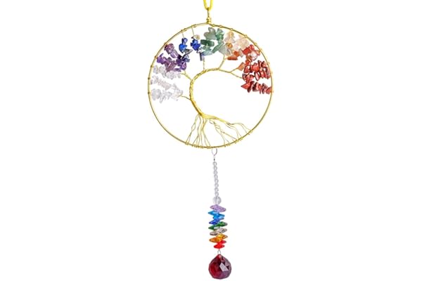Nupuyai 44cm 7 Chakras Pierres Naturelles Capteur de Soleil à Suspendre de Arbre de Vie pour Mur, Ornement Suspendu en Pierre Semi Précieuse pour Fenêtre Jardin Arc-en-Ciel Fabricant Décor de Maison