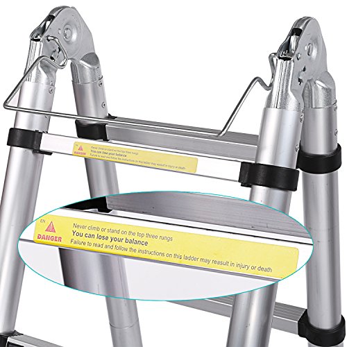 Homdox Klappleiter Anlegeleiter Teleskopleiter mit Rutsch-Gummi Stahl-Sicherungsstiften Mehrzweckleiter Stehleiter Ausziehbar Klappbar 150 kg aus Aluminium (3.8M) - 6