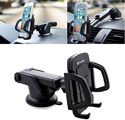 TecHERE  Universal Car Phone Holder with Suction Cup Compatible with iPhone X 8 7 6 6s Plus SE 5s, Samsung Galaxy S9 S8 S7 S6, GPS Navigator and Other Smartphones (Black)
