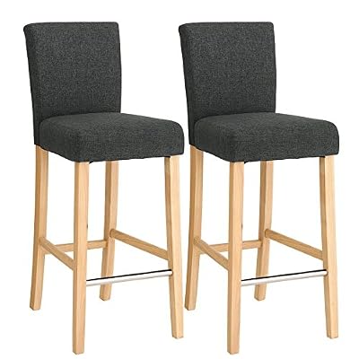 SONGMICS Lot DE 2 Tabourets de Bar avec Dossier et Repose-Pieds Chaise Haute et Rembourrée Surface en Lin Hauteur d’Assise 71 cm Pieds en Bois Massif Gris Foncée et Couleur Bois LDC31GY