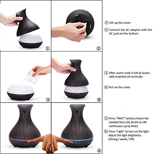 Aroma Diffuser, Luftbefeuchter ultraschall 400ml Raumbefeuchter Humidifier mit Kalten Nebel Abschaltautomatik LED Farbwechsel (Dunkles Holz) - 5
