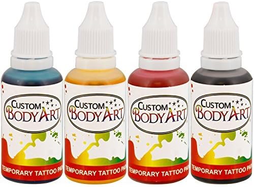4 Color Airbrush Temporary Tattoo Ink Kit Black, Red, Blue, Yellow by Custom Body Art