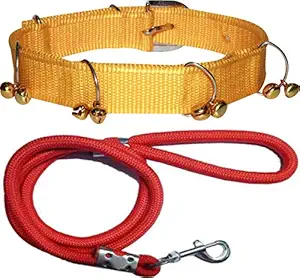 Adios Dog Belt Combo of Yellow Ghungroo Dog Collar with Red Lead Specially for Medium Breed Dog Collar Leash