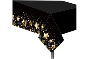 Dusenly New Year Tablecloth Plastic Disposable Black Gold Star Bithday Party Table Covers for New Years Eve Party Birthday Decorations 130 * 220cm