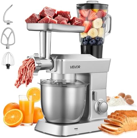 VEVOR Impastatrice Mescolatore per Cucina da 1300 W con Ciotola in Acciaio Inox 4,3 L e Ciotola per Mescolare 1,5 L, Impastatrice con 6 Velocità e Gancio per Impastare, Frusta e Sbattitore