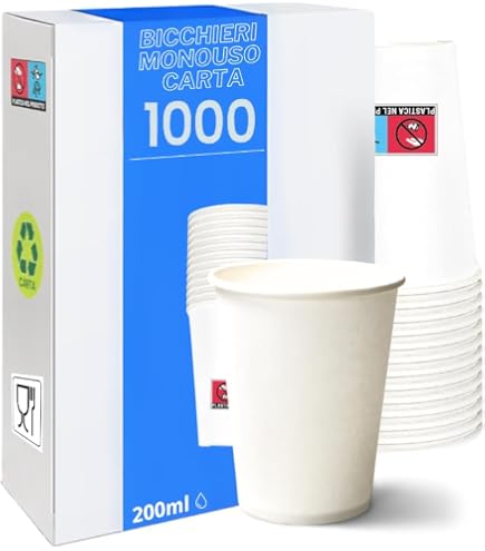 1000 Bicchieri Di Carta 180 Ml 4 Colori Misti - Biodegradabili E Compostabili Per Bevande Calde E Fredde - Ideali Per Bar, Feste, Caffè E Catering
