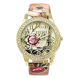 Frauen Vintage Retro Eiffelturm Blumen Uhr mit Strass besetzt um das Zifferblatt Armbanduhr Kunstleder Mode 1