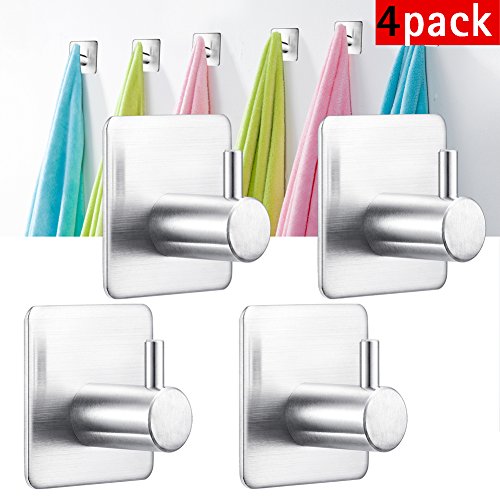 Preisvergleich Produktbild Handtuchhaken Selbstklebend Handtuchhalter Haken Wandhaken Bademantelhaken Kleiderhaken Edelstahl für Bad und Küche ohne Bohren (4 Stück)