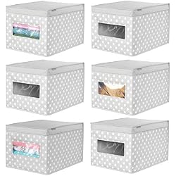 mDesign boîte de Rangement empilable (Lot de 6) - Grande Caisse de Rangement avec hublot pour la Chambre d'enfant - Panier de Rangement vêtements avec Couvercle - Gris et Blanc