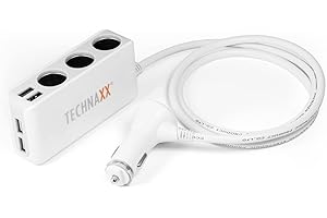 Technaxx Chargeur De Voiture 4 Ports USB avec 3 Prises Allume-Cigare – Charge Rapide, DC 12 V -24 V, Protection Contre Les Surtensions Et Les Surintensitése – Adaptateur Allume-Cigare TE11