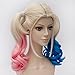 EDAY 45cm Suicide Squad Harley Quinn Cosplay Wig Lolita Curly Pigtail Hair, Pink + Blue