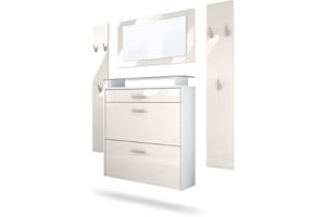 Vladon Garderobe Malea, Garderobenset bestehend aus 1 Hängeschuhschrank, 1 Wandspiegel und 2 Garderobenpaneele, Weiß matt/Creme Hochglanz