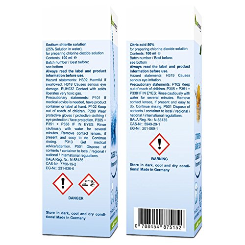 Biotraxx Wasseraufbereiter CLASSIC 1:1 Set 1x Natriumchloritlösung + 1x Aktivator, Zitronensäure 50% (2x 100 ml) im hochwertigen Violettglas - 3