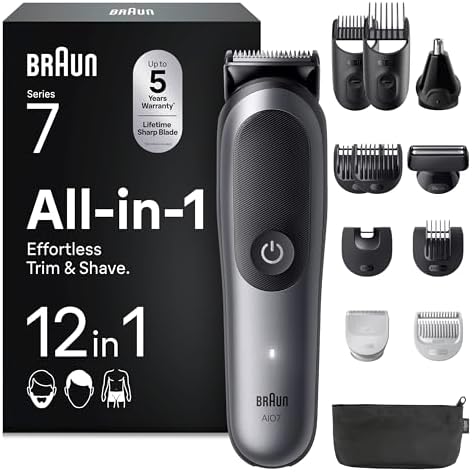 Braun Rifinitore All-In-One Series 7, Rasoio Elettrico Barba 12In1, Taglia Peli Naso E Orecchie, Macchinetta Per Capelli, Lama ProBlade, Tecnologia AutoSense, Wet&Dry, AIO7545, Grigio