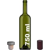 Afracam 750 ml Yeşil Şarap Şişesi Sentetik Mantar Tıpalı Ve Kap&uuml;şonlu Boş &Ccedil;ukur Cam Şişe 1 Adet